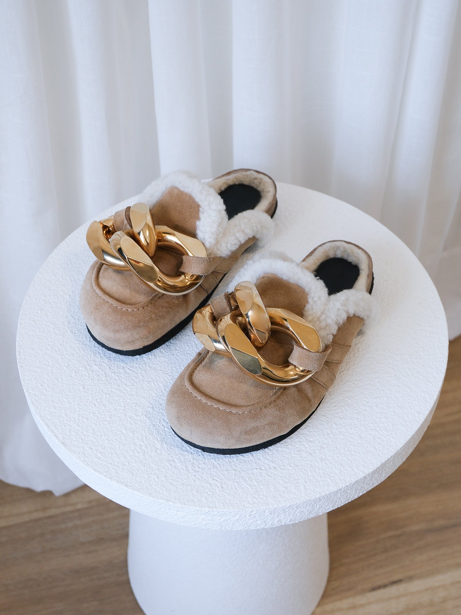 Suede Shearling Chain Slides, Size 38