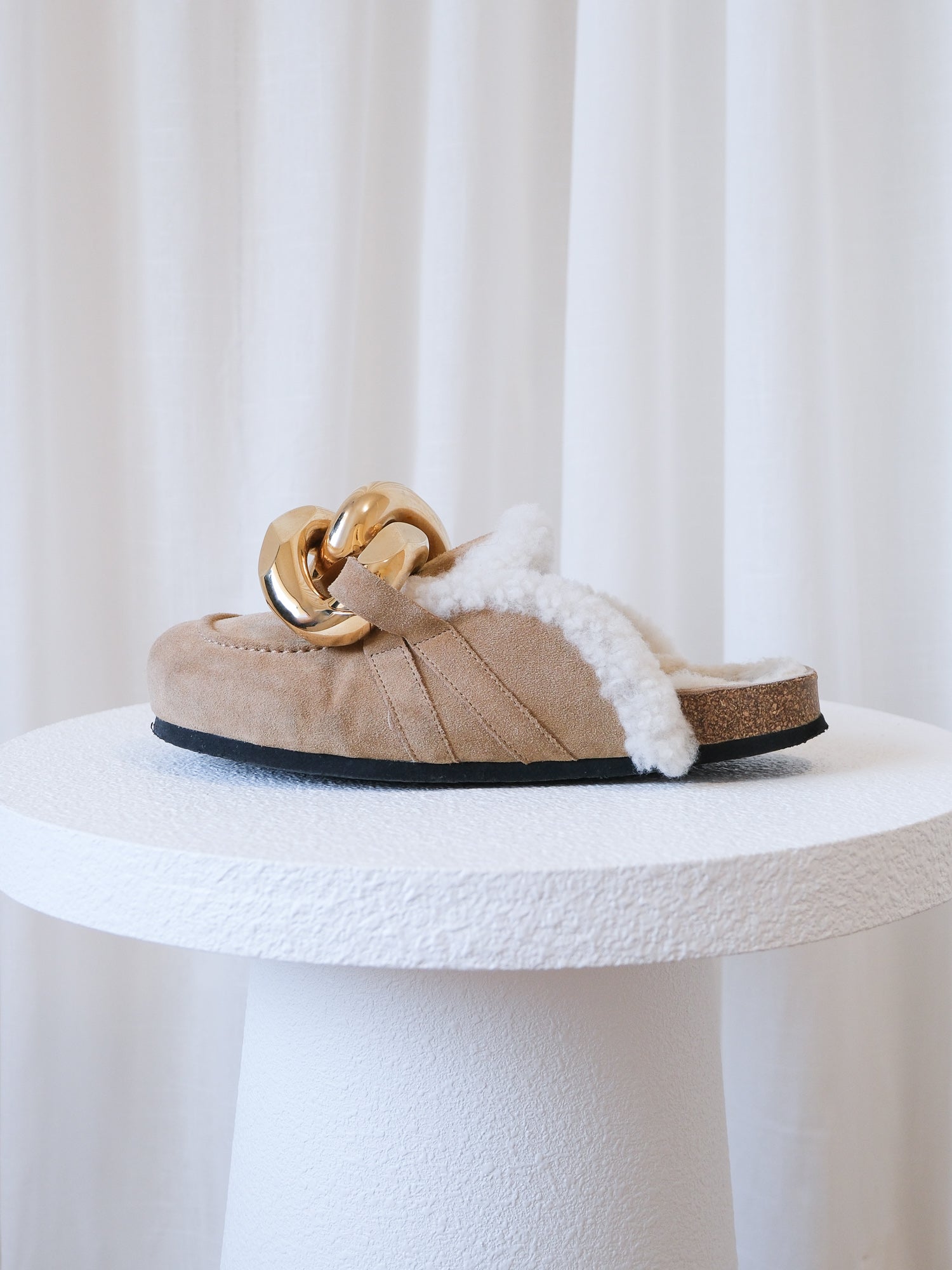 Suede Shearling Chain Slides, Size 38