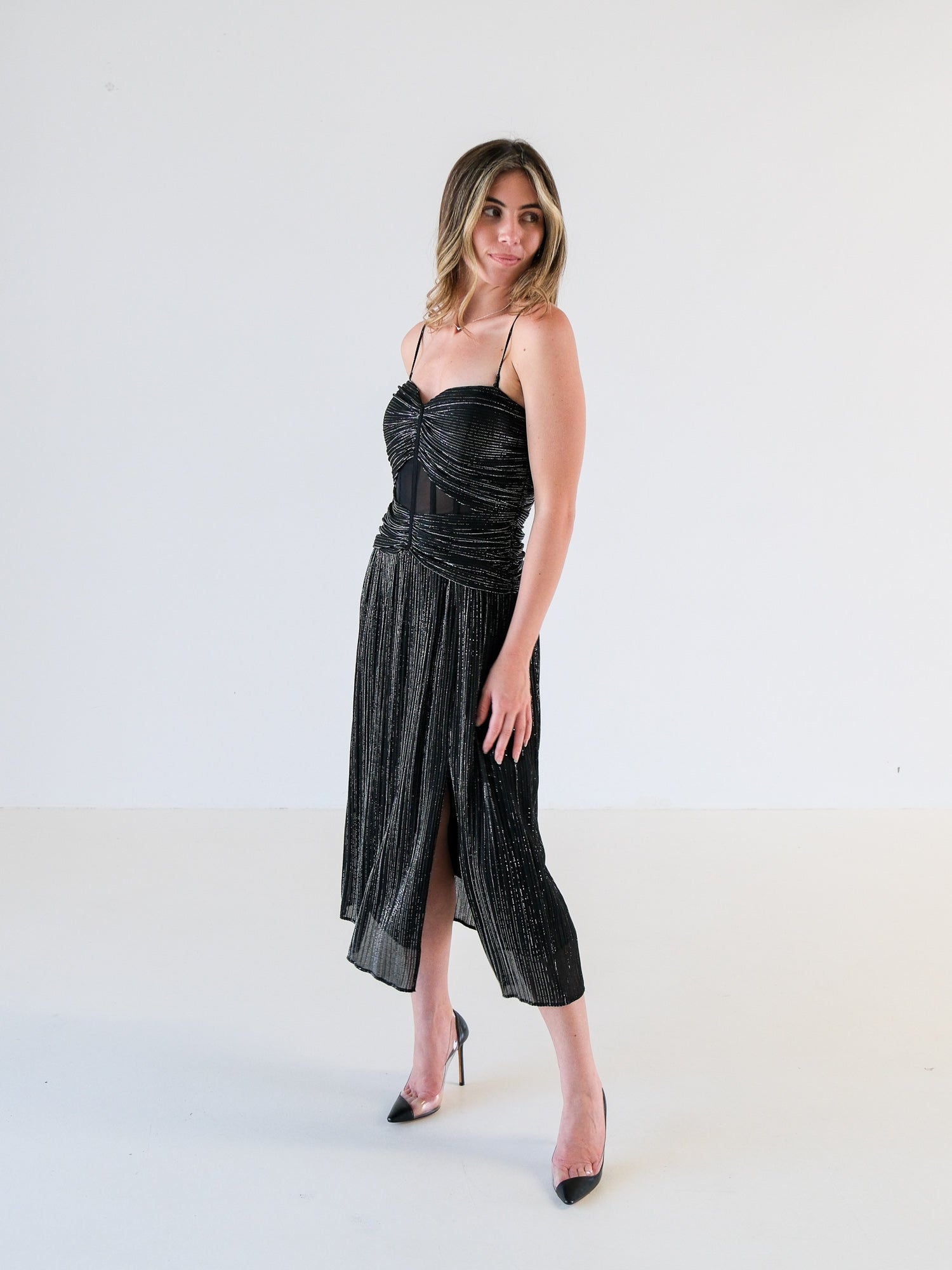Ruched Plisse Lurex Midi Dress, Size AU 6