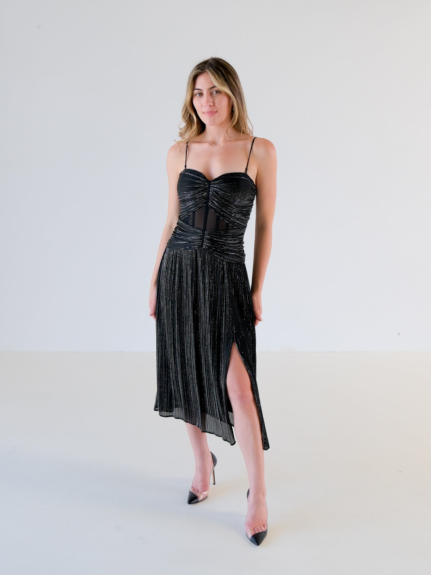 Ruched Plisse Lurex Midi Dress, Size AU 6