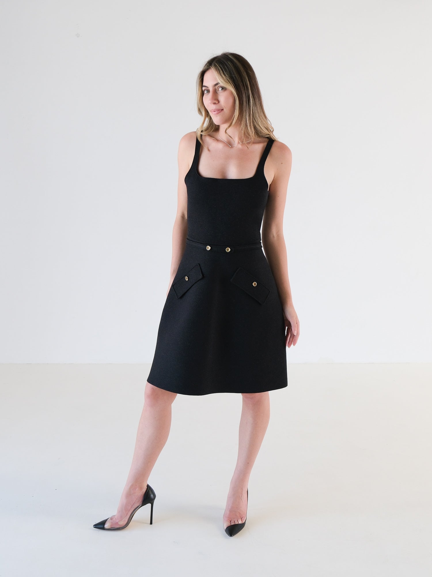 Crepe Knit Square Pocket Mini Dress, Size M