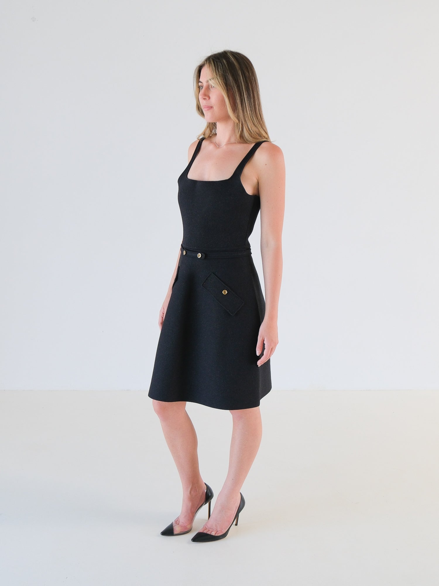 Crepe Knit Square Pocket Mini Dress, Size M