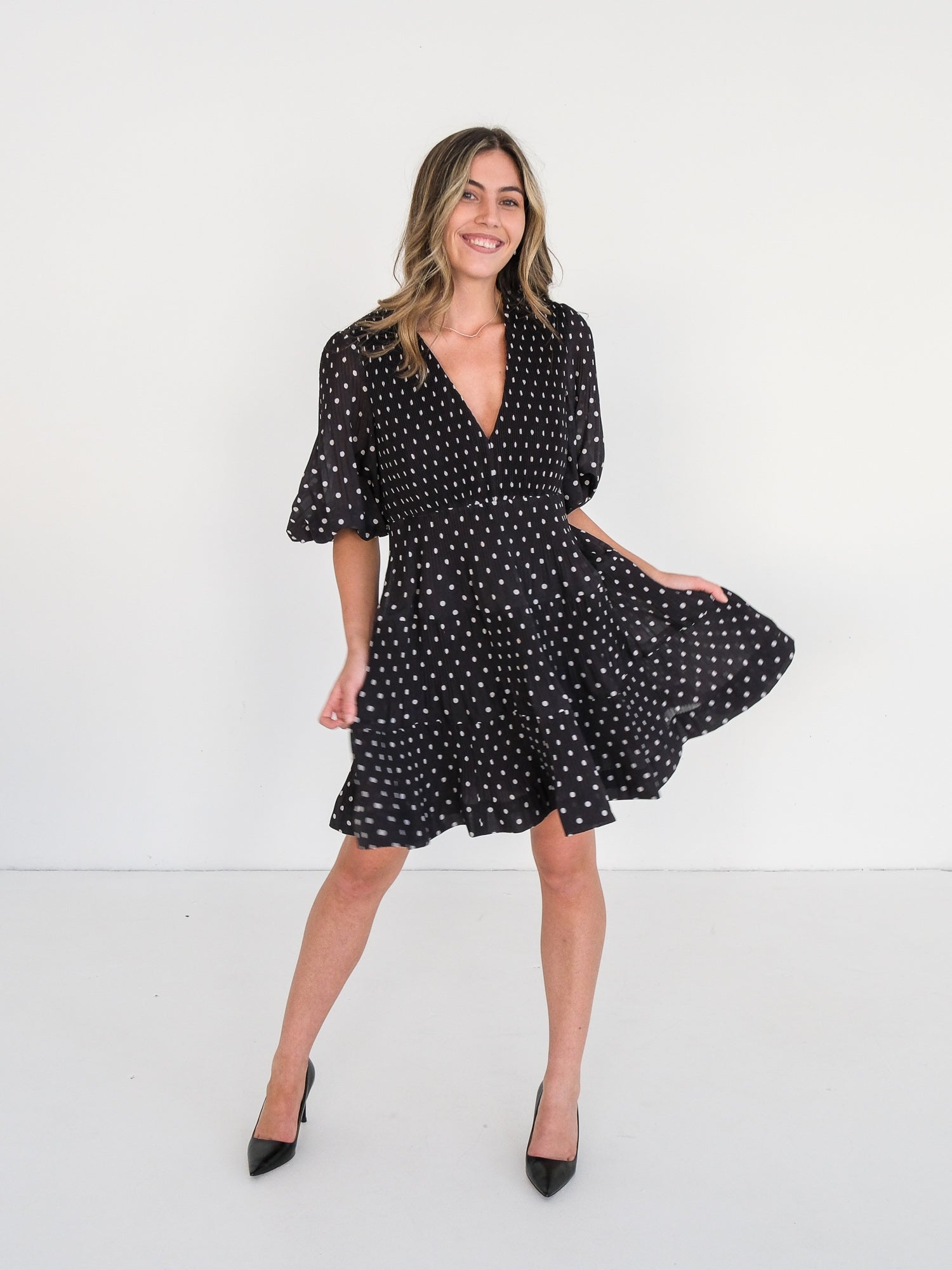 Polka Dot Pleated Tiered Mini Dress, Size 3 | AU 14