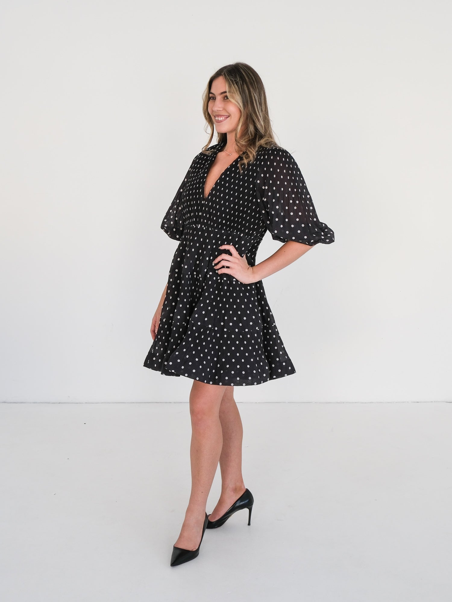 Polka Dot Pleated Tiered Mini Dress, Size 3 | AU 14