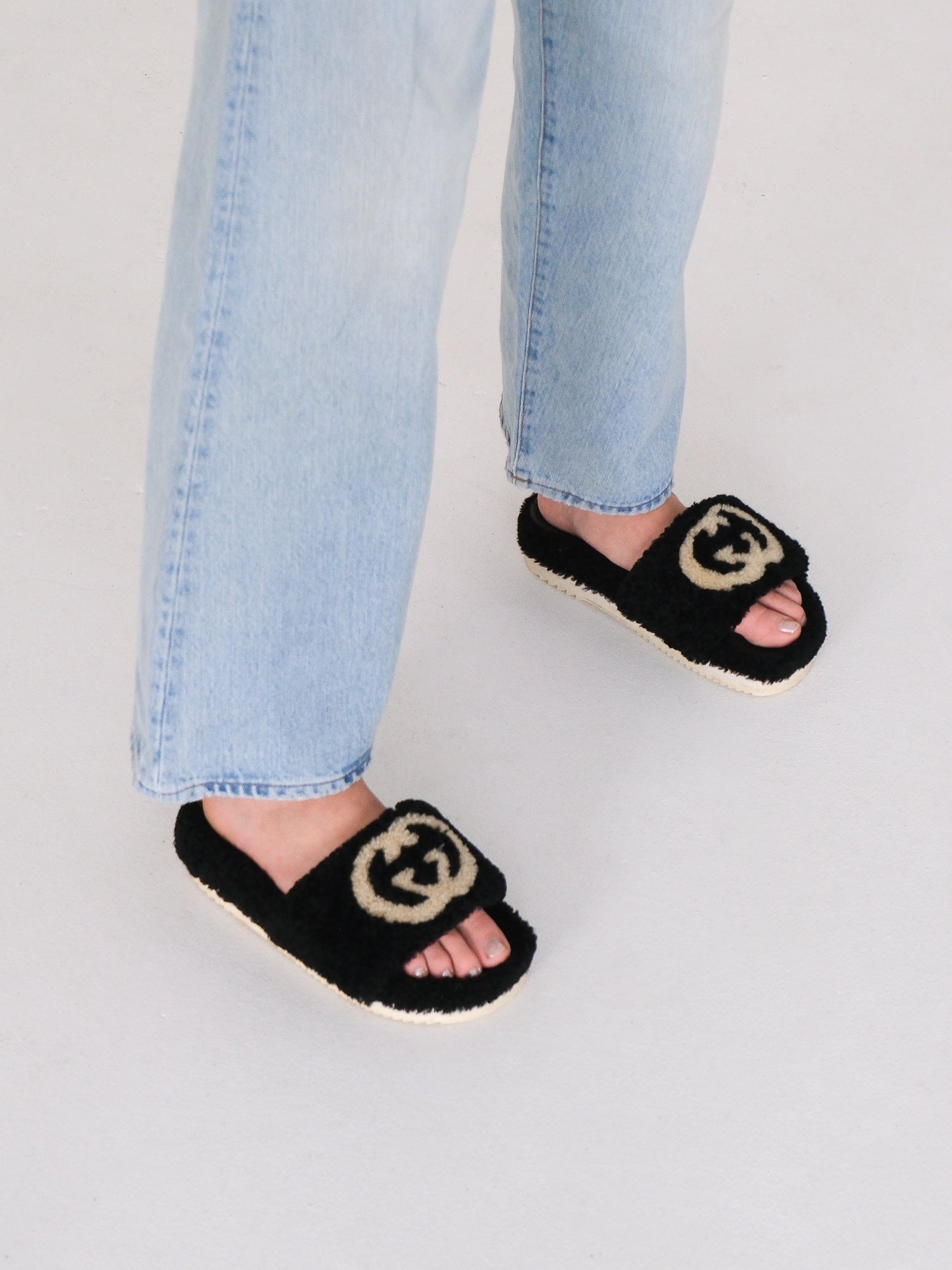 'Eileen' GG Faux Shearling Slides, Size 38