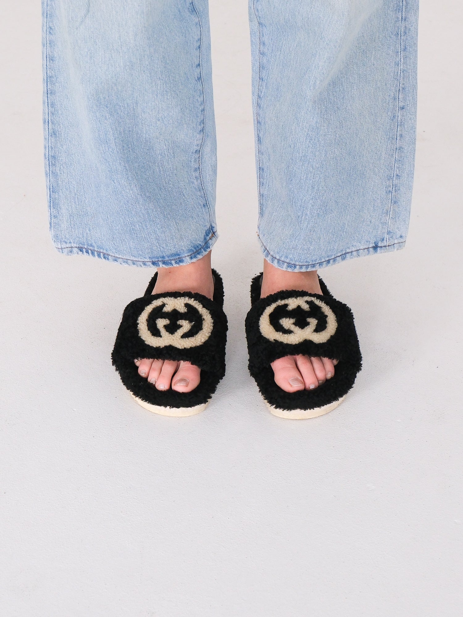 'Eileen' GG Faux Shearling Slides, Size 38