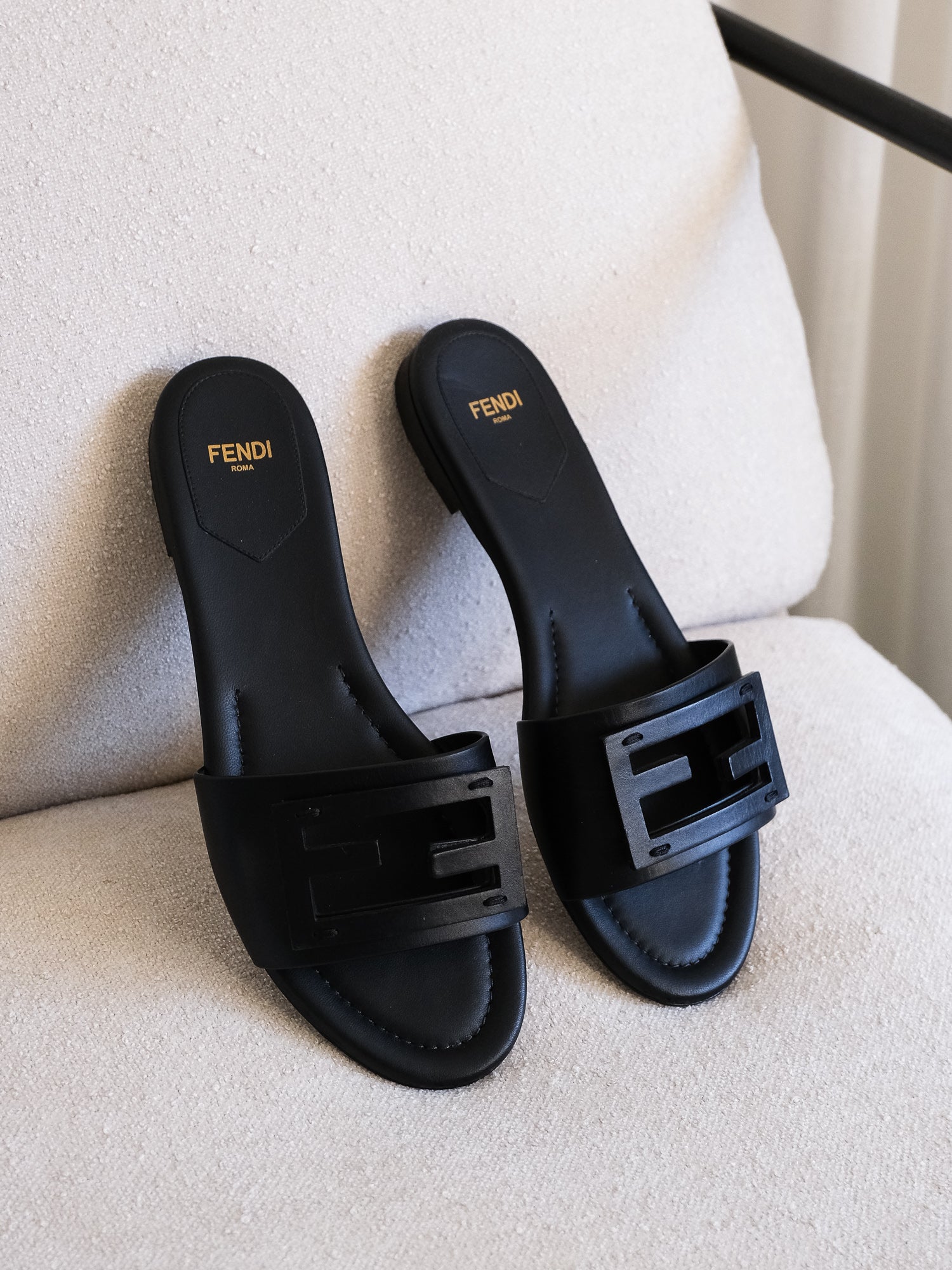 'Baguette' FF Motif Leather Slides, Size 38