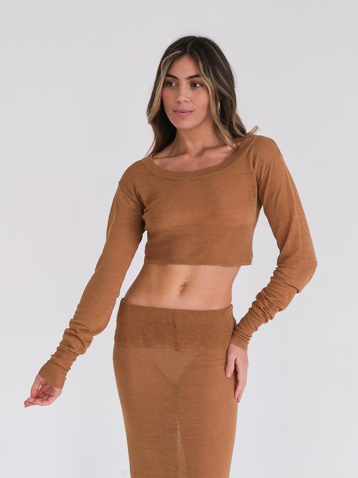 'Lyca' Linen Blend Long Sleeve Knit T-Shirt, Size S