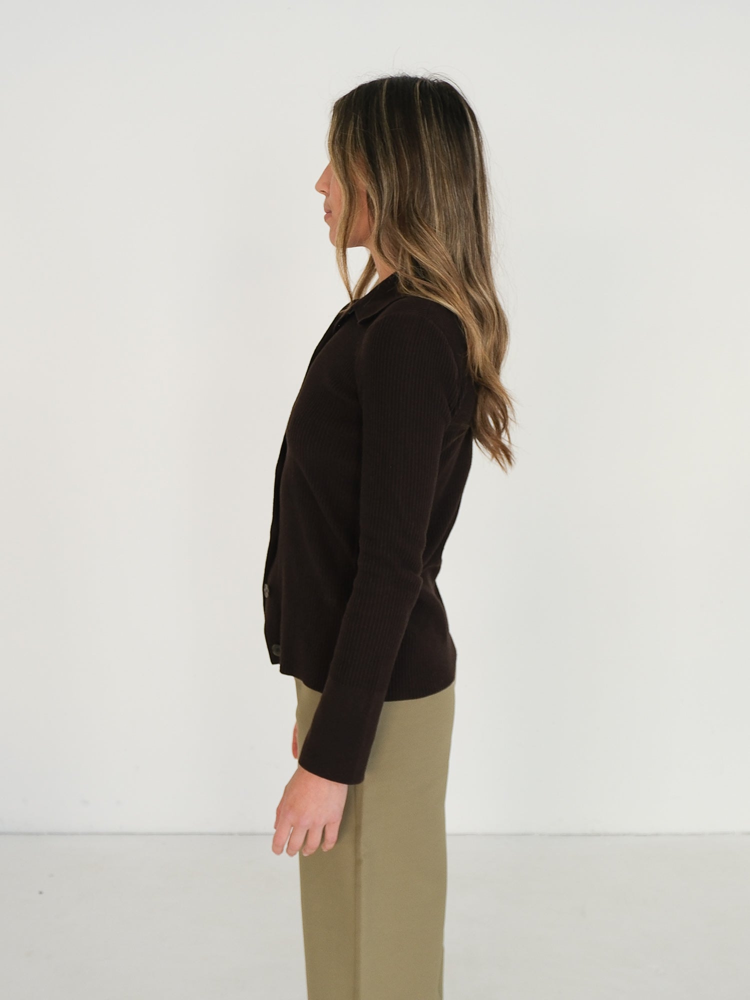 Slim Rib Knit Polo Cardi Sweater, Size S