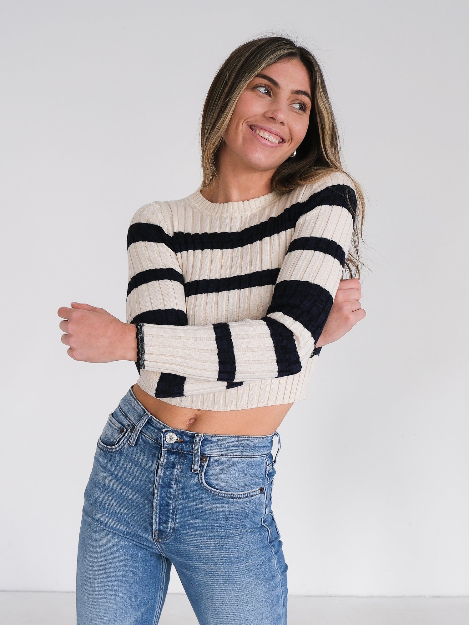 Striped Wool Blend Cropped Knit Sweater, Size XS