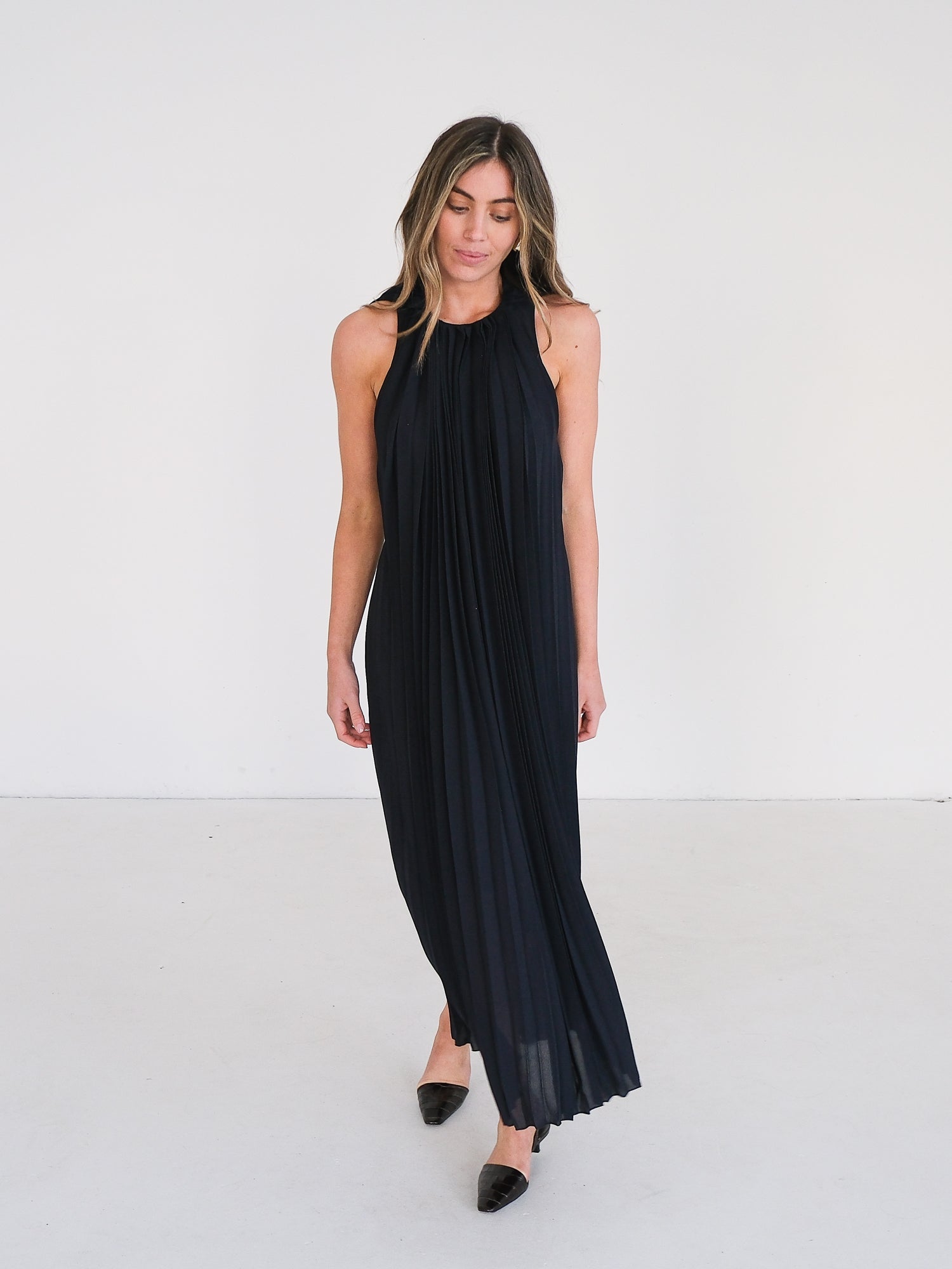 Pleated Open Back Midi Dress, Size AU 8