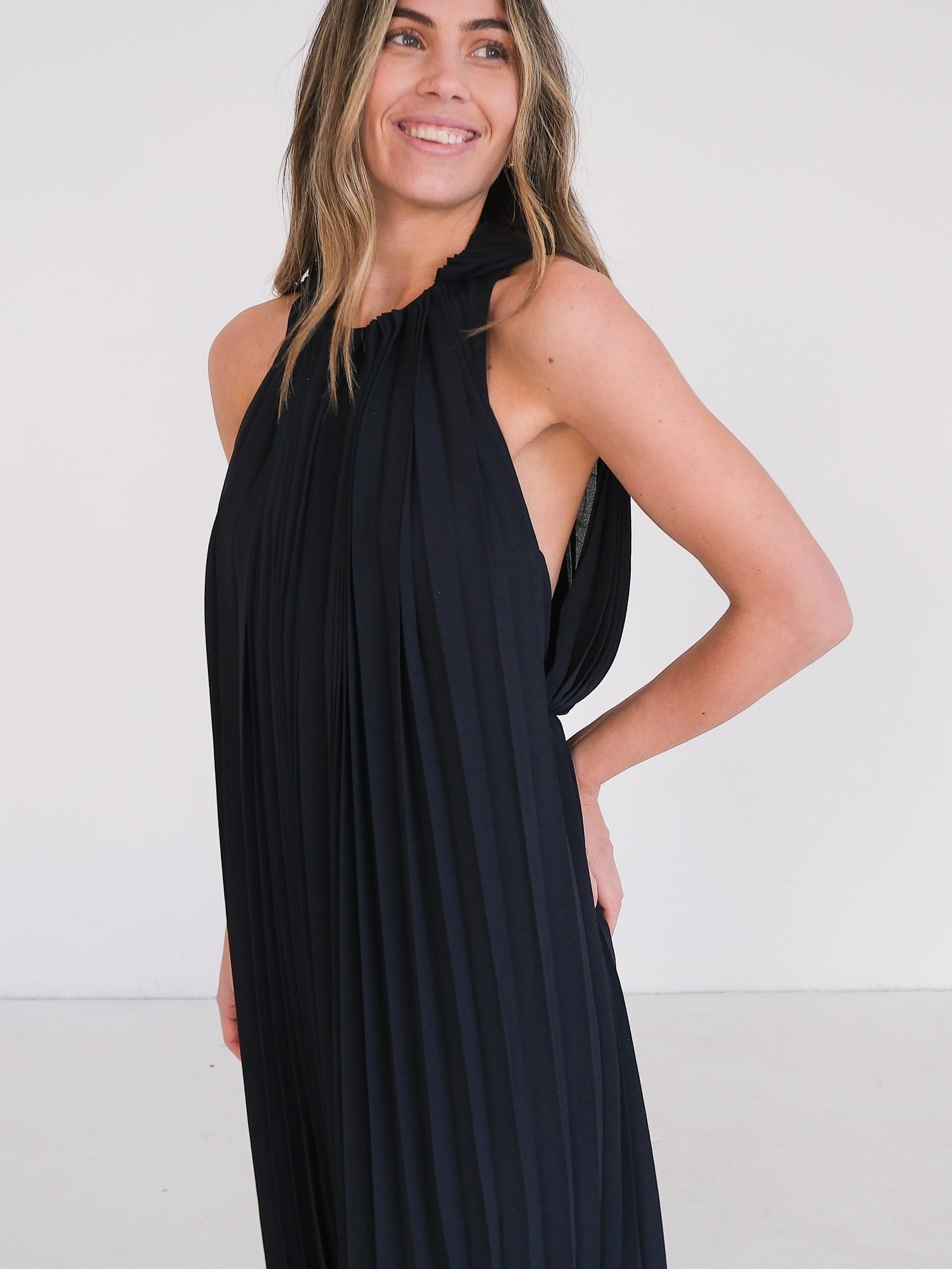 Pleated Open Back Midi Dress, Size AU 8